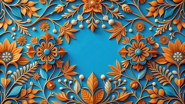 Intricate Orange and Teal Floral Design with Central Empty Space for Text or Image