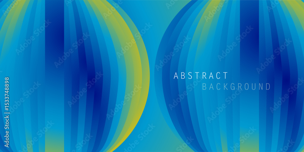Poster design of an two abstract spheres made of flowing blue and yellow gradient stripes. the smooth, curv