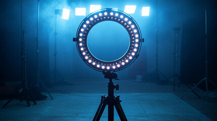 A cool blue stage set prepared for a live stream with anticipation and bright lights on tripods and stands