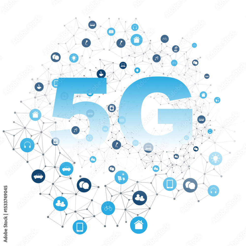 Poster illustration of 5g wireless network technology and internet of things, featuring a polygonal network