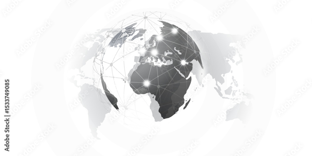 Poster abstract globe with glowing network points connecting continents over a gray world map background. m