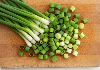 Fresh green onions whole and chopped on a wooden cutting board ready for cooking and food preparation