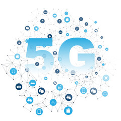 Illustration of 5G wireless network technology, Internet of Things, featuring a polygonal network of connected smart devices and icons for mobility, communication and automation on white background