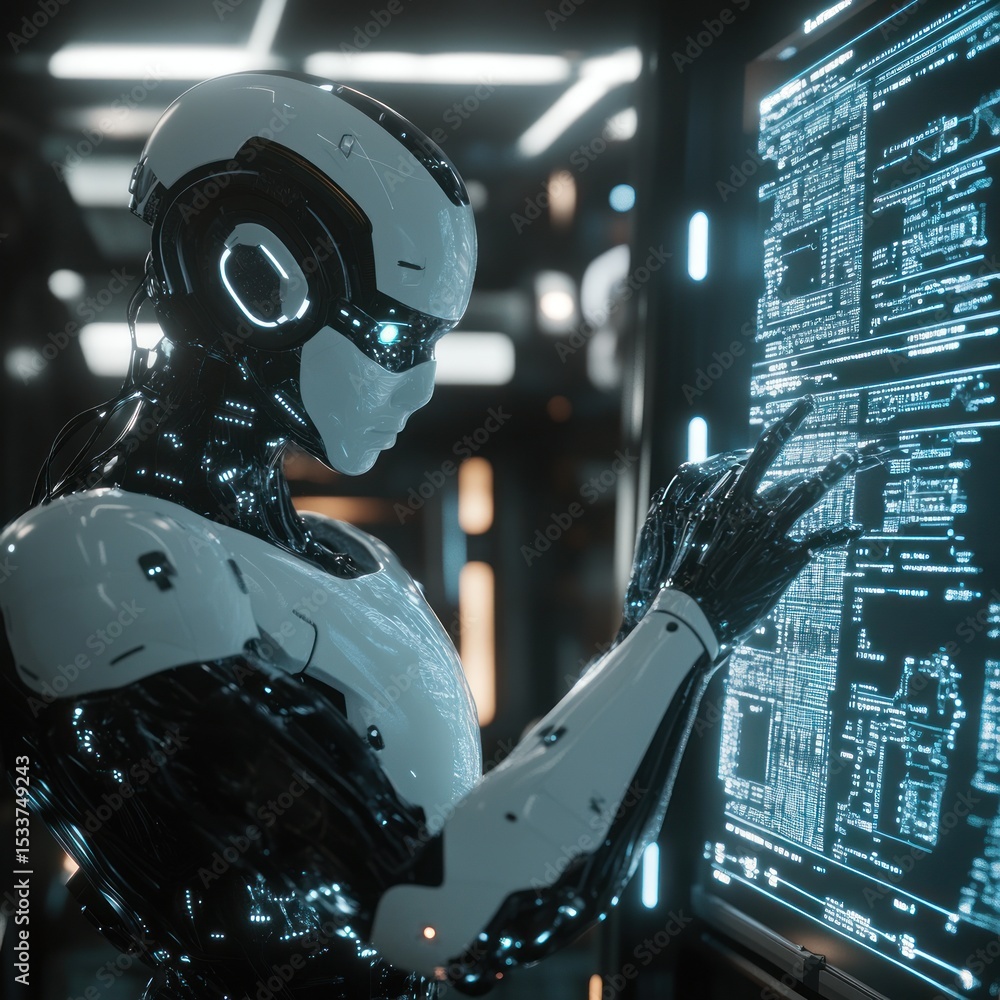 Poster futuristic robot analyzing data on a large screen