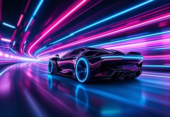 Futuristic neon sports car speeding through glowing tunnel with vibrant light trails and high-tech aesthetic in digital art style concept of fast transport.