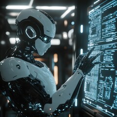Futuristic Robot Analyzing Data on a Large Screen