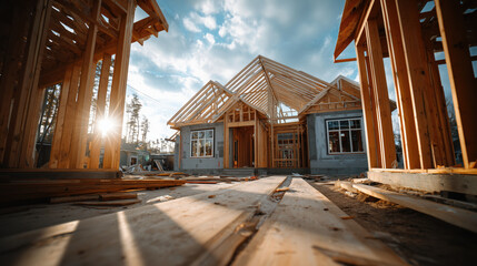 New house under construction with wooden framing and clear sky. Sunlight shines through beams, creating warm atmosphere