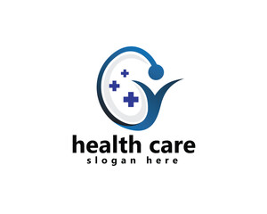 laboratory, pharmacy, medical logo, combination of stethoscope with person raising hand, logo design inspiration