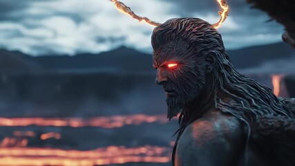 Evil angel with flaming eyes and halo standing near lava pit - Powered by Adobe