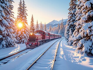 Classic red train traveling through a snowy forest landscape with sunrise and mountains in the background during winter season. Ai generative.