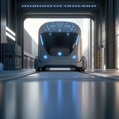 Futuristic Autonomous Vehicle Entering a Modern Warehouse