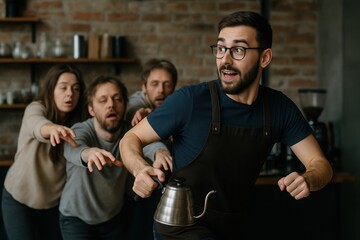 A man barista escapes from hungry customers like zombies, holding a silver kettle. Funny scene with patrons craving coffee for humor content.