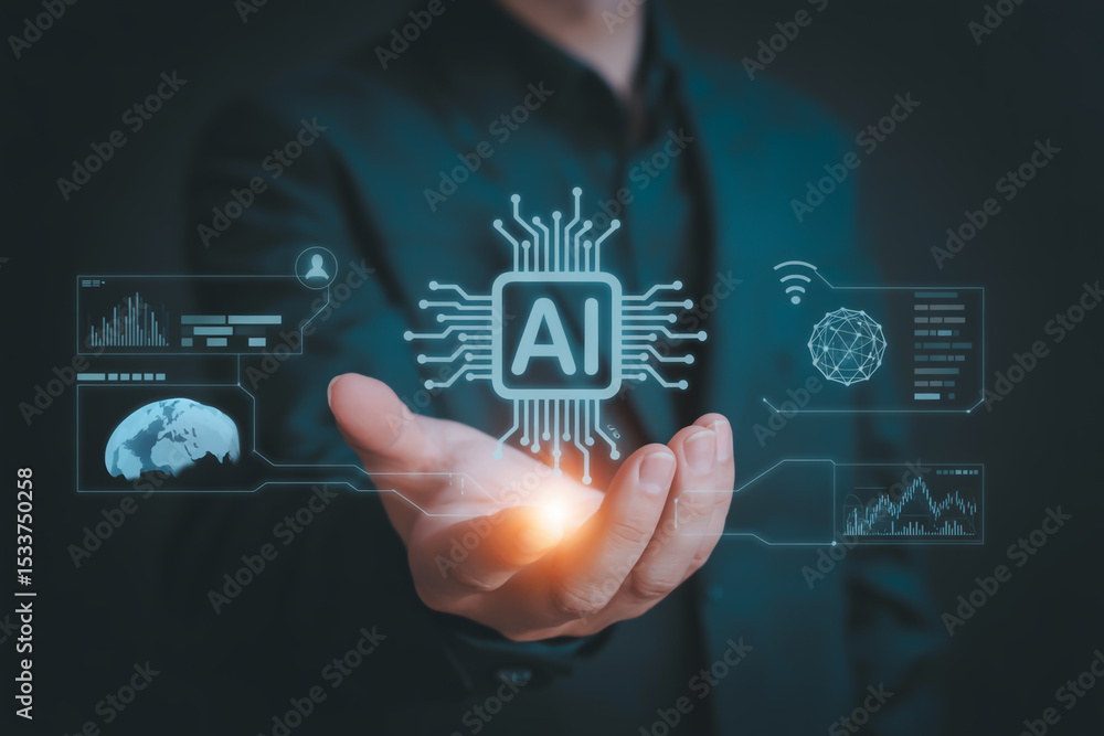 Poster a person holding ai technology with digital interface and dark background in a futuristic style