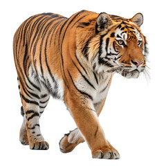 Obraz premium Tiger walking forward isolated on transparent background looking ahead