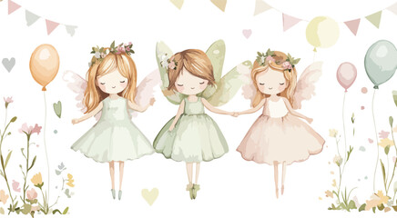 Watercolor Illustration of Three Cute Fairy Girls Holding Hands with Balloons Flowers Hearts and Bunting Flags for a Whimsical and Enchanting Children s Party Decoration