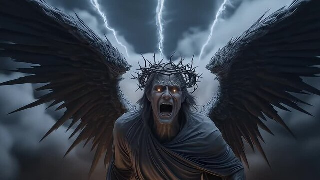 Evil angel summoner unleashing blue lightning from sky