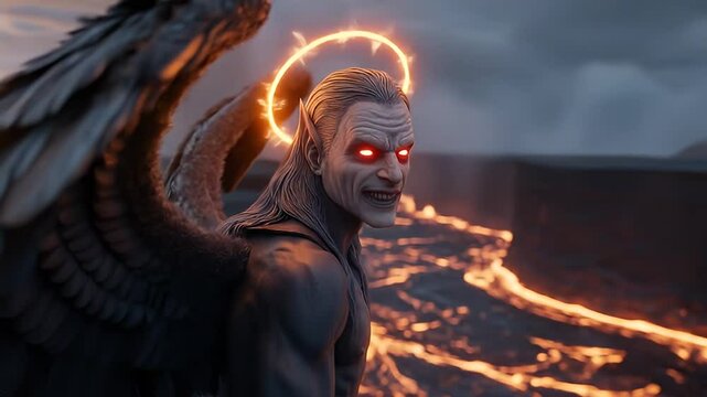 Evil angel with burning hair staring over lava cliffs