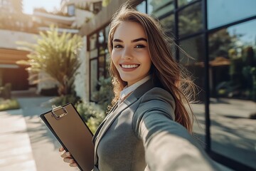 Confident Young Real Estate Agent: Smiling Woman Taking a Selfie Outside Modern Building
