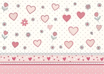 Pink white background with hearts and dots, seamless pattern, vector drawing