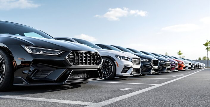 Luxury cars aligned in outdoor parking lot under clear sky showing elegant modern design and transport concept in high-detail photo style.