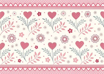Pink white background with hearts and dots, seamless pattern, vector drawing