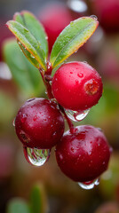 Twig of red Lingonberries with morning dew