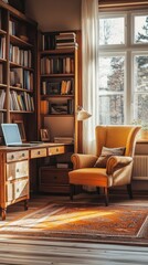 Cozy Home Office with Wooden Desk, Bookshelves, and Comfortable Armchair near Window in Sunlit Room