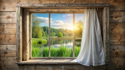 Rustic Wooden Window Frame with White Curtain Partially Drawn Revealing a Serene Lakeside View at Sunset