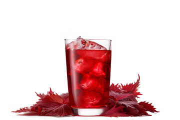白い背景に赤紫蘇の葉っぱと氷の入った赤紫蘇ジュース
