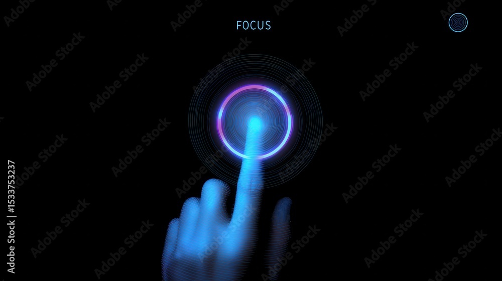 Poster productivity interactive digital interface with a glowing focus button and a hand reaching to touch 