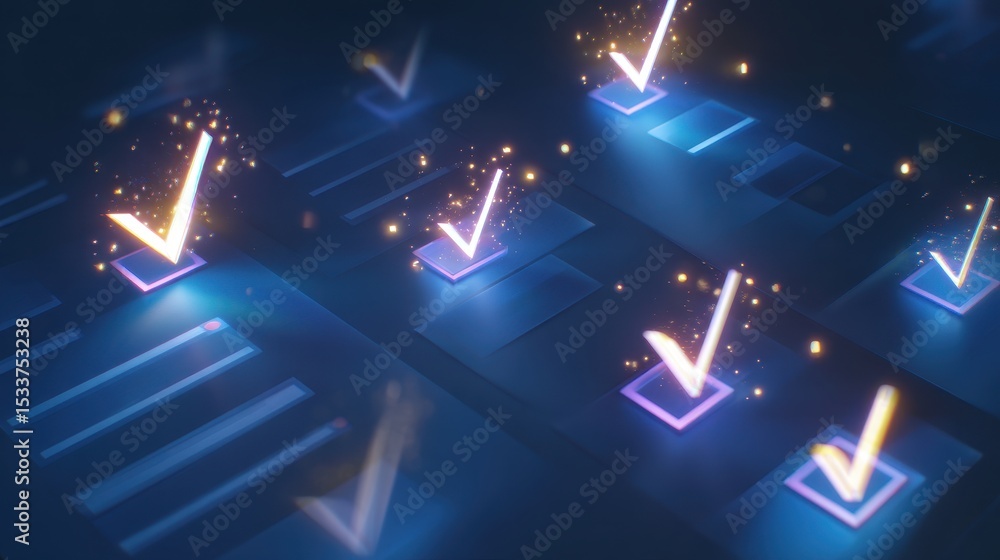 Poster productivity digital checkmarks illuminated against a dark background, symbolizing completion and su