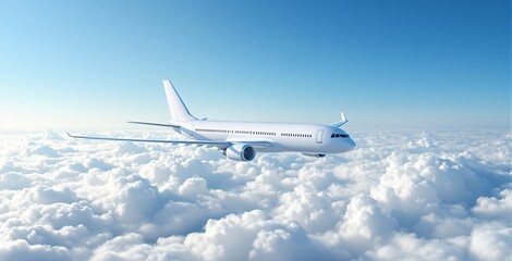 Obraz premium White commercial airplane flying above fluffy clouds in clear sky, minimalistic transport design concept in bright blue atmosphere. Ai generative.