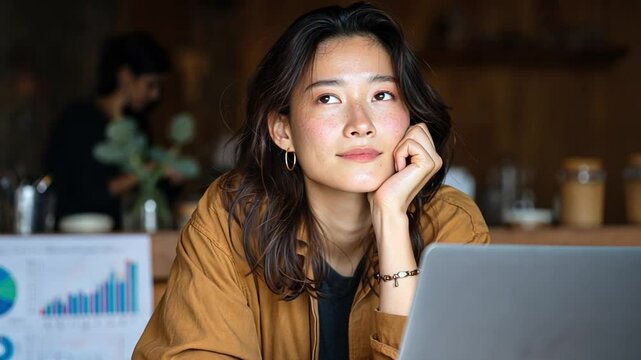 Asian woman pondering ideas with laptop: Asian woman leans on her hand thinking ideas about future, with blurred cafe backdrop. 