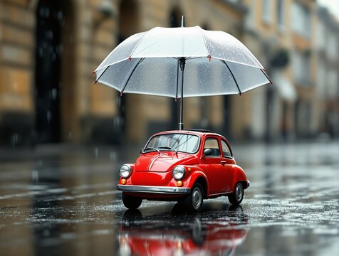 Fototapeta Classic red toy car with umbrella on wet street in rainy weather, showcasing creative transport design concept with urban background atmosphere.