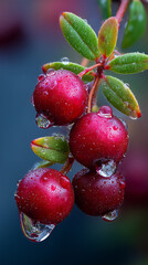 Twig of red Lingonberries with morning dew