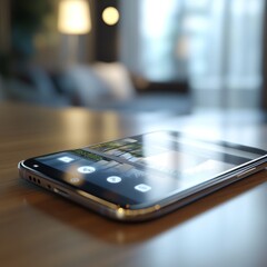Smartphone Displaying Scenic Images on Wooden Table