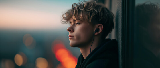 Contemplative young man listening to music urban setting portrait evening vibes introspective mood