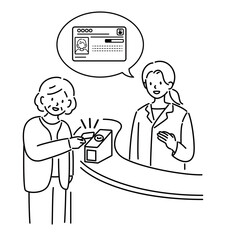 病院でマイナンバーカードを読取り機にかざす高齢者（おばあさん） 線画