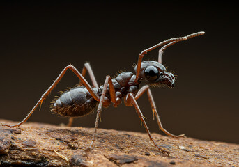 Striking Macro: Intricate Black Ant on Textured Wood with Dark Background