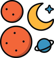Celestial bodies icon set. Includes planets, a crescent moon, and a star, representing the solar system, astronomy, and outer space. Flat outline vector symbols.