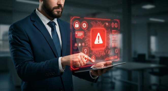 Businessman holding a tablet with red glowing holographic AI interface, warning icons, and chatbot assistance message hovering above.