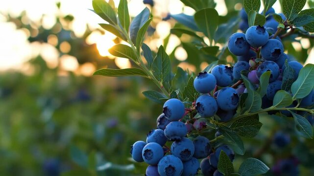 blueberry at sunset with ripe organic berries ready to pick