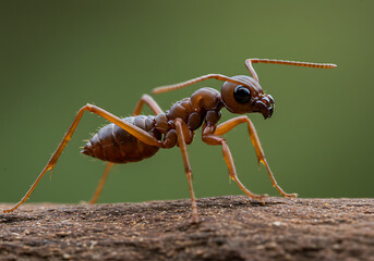 Striking Macro Shot: Red Ant on Textured Wood with Lush Green Background - extreme - macro - redant - forest - floor - detailed