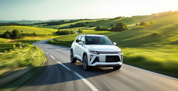 Modern white SUV driving on curvy country road through scenic green hills under sunlight, showcasing advanced transport design and rural mobility concept.