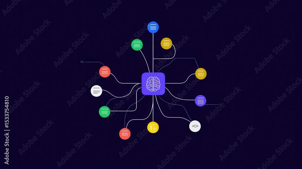 Poster productivity abstract illustration of a neural network with colorful nodes on a dark background.