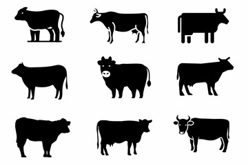 Set of farm animals icons silhouette , Cow icon set, set of cow icons, silhouettes of cow icons set, set icons of animals 