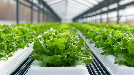 Rows of fresh green lettuce growing in a modern hydroponic greenhouse with controlled environment and natural light.