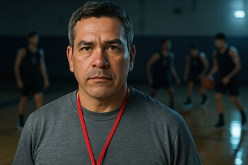 Serious adult basketball coach standing on gym court while team players practice dribbling and teamwork in the background