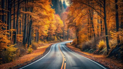 Fototapeta premium Autumnal Road Winding Through a Canopy of Golden Leaves