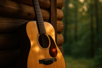 Fototapeta premium Acoustic guitar leaning against rustic wooden cabin wall outdoors at sunset with serene forest background and soft warm lighting
